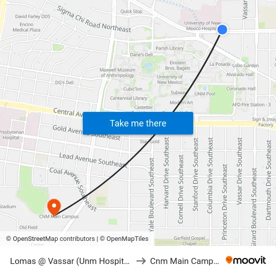 Lomas @ Vassar (Unm Hospital) to Cnm Main Campus map