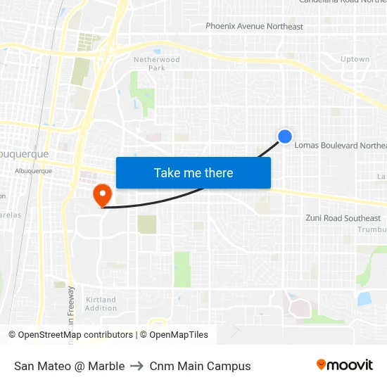 San Mateo @ Marble to Cnm Main Campus map