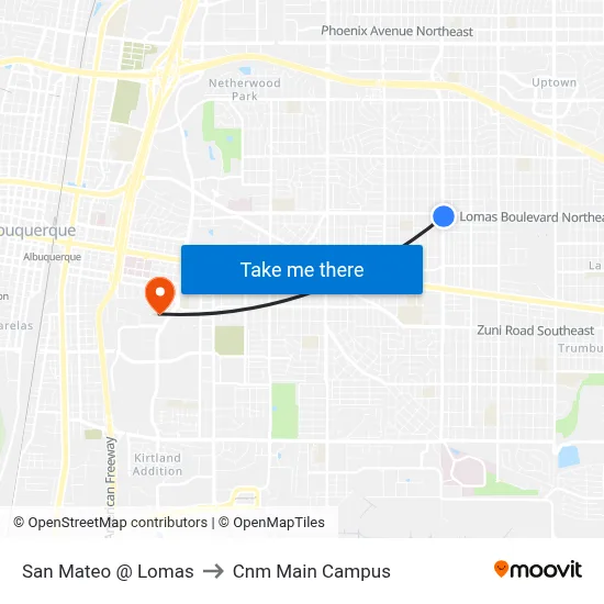 San Mateo @ Lomas to Cnm Main Campus map