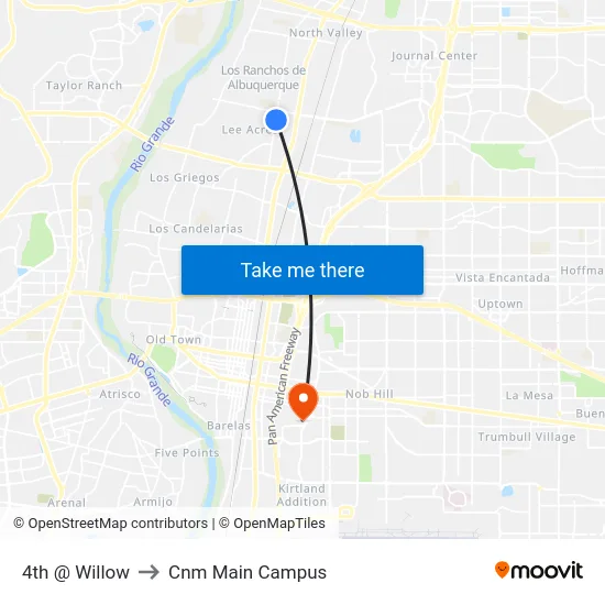 4th @ Willow to Cnm Main Campus map