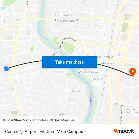 Central @ Airport to Cnm Main Campus map