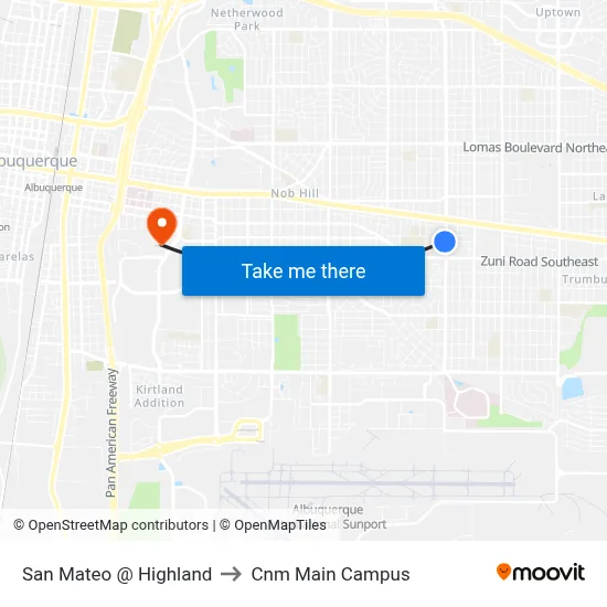 San Mateo @ Highland to Cnm Main Campus map