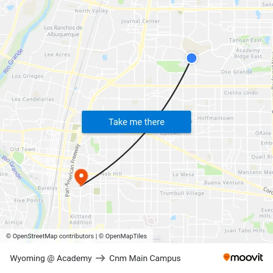 Wyoming @ Academy to Cnm Main Campus map