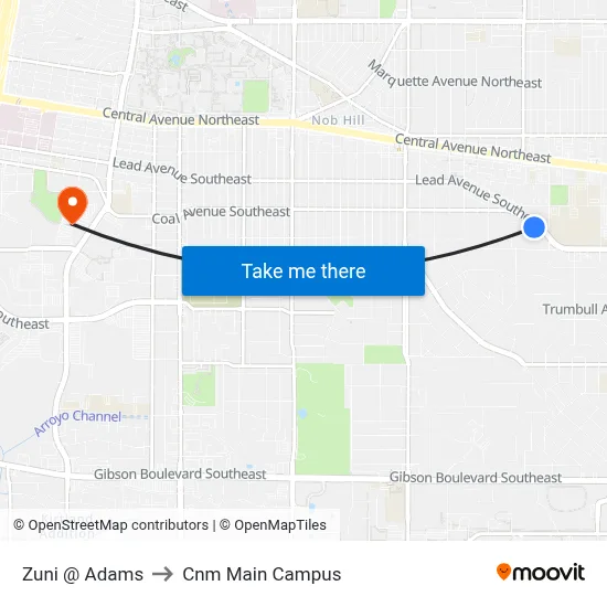 Zuni @ Adams to Cnm Main Campus map