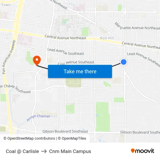 Coal @ Carlisle to Cnm Main Campus map