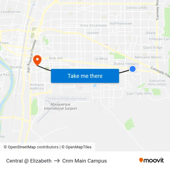 Central @ Elizabeth to Cnm Main Campus map