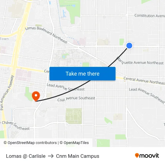 Lomas @ Carlisle to Cnm Main Campus map