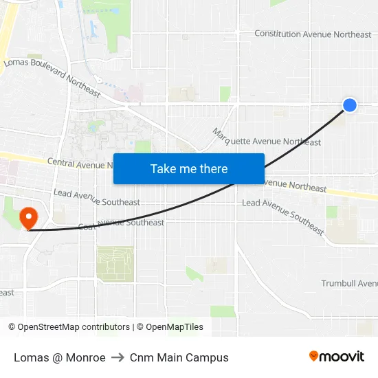 Lomas @ Monroe to Cnm Main Campus map