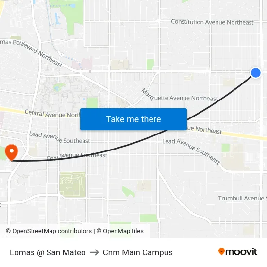 Lomas @ San Mateo to Cnm Main Campus map