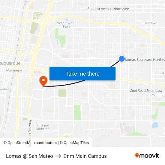 Lomas @ San Mateo to Cnm Main Campus map