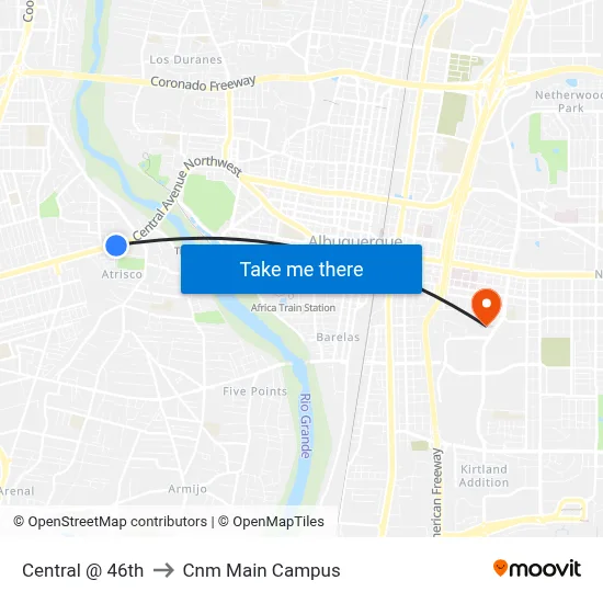 Central @ 46th to Cnm Main Campus map