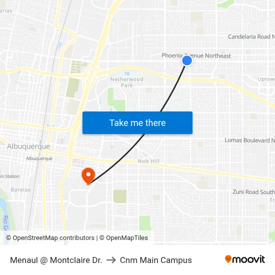 Menaul @ Montclaire Dr. to Cnm Main Campus map