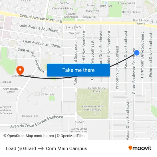 Lead @ Girard to Cnm Main Campus map