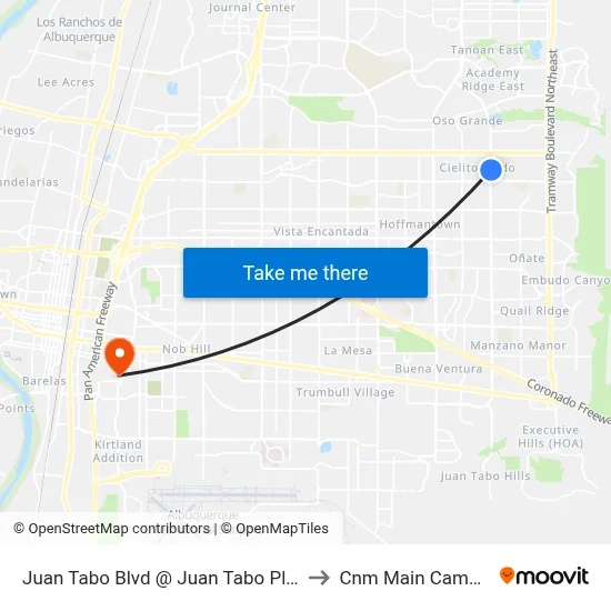 Juan Tabo Blvd @ Juan Tabo Place to Cnm Main Campus map