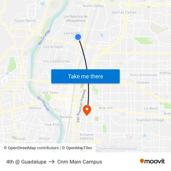 4th @ Guadalupe to Cnm Main Campus map