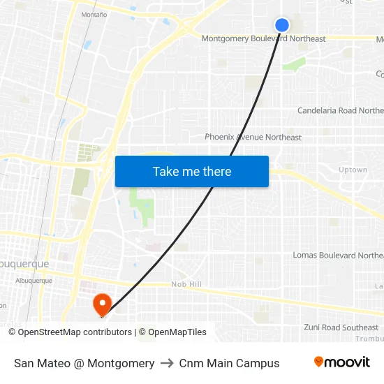 San Mateo @ Montgomery to Cnm Main Campus map