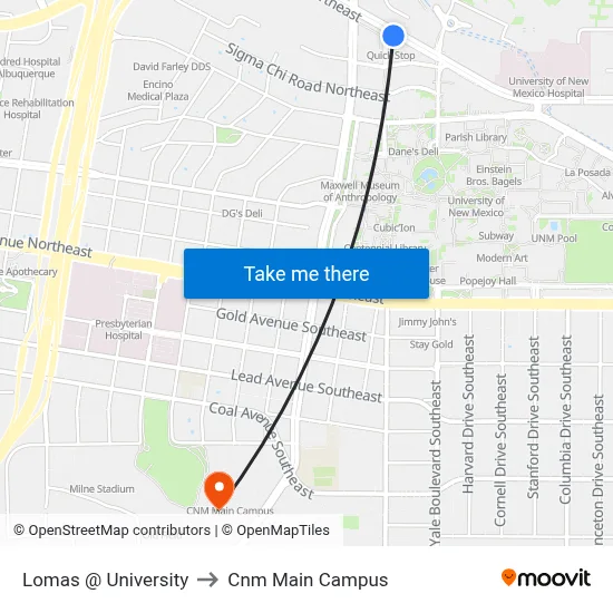 Lomas @ University to Cnm Main Campus map