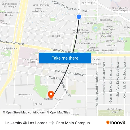 University @ Las Lomas to Cnm Main Campus map