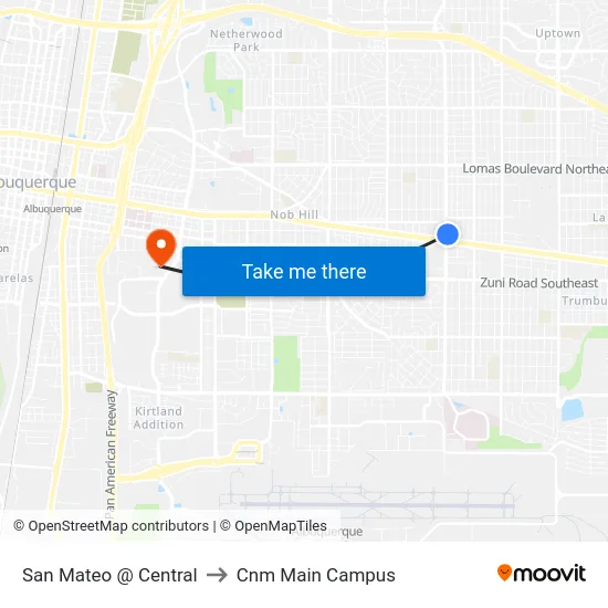 San Mateo @ Central to Cnm Main Campus map