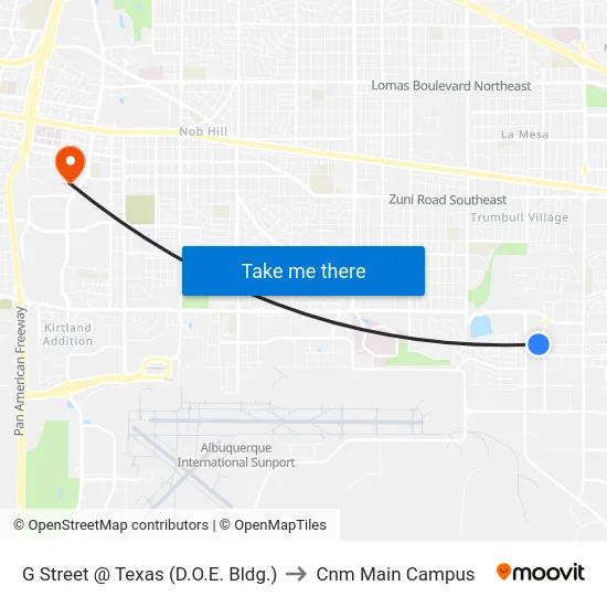G Street @ Texas (D.O.E. Bldg.) to Cnm Main Campus map