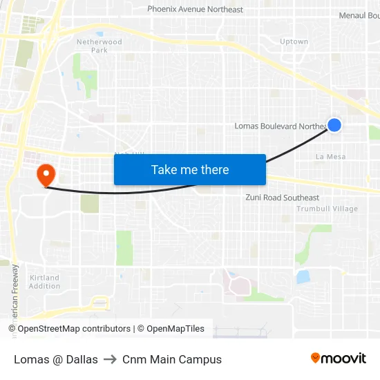 Lomas @ Dallas to Cnm Main Campus map