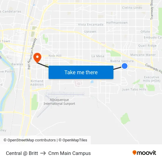 Central @ Britt to Cnm Main Campus map
