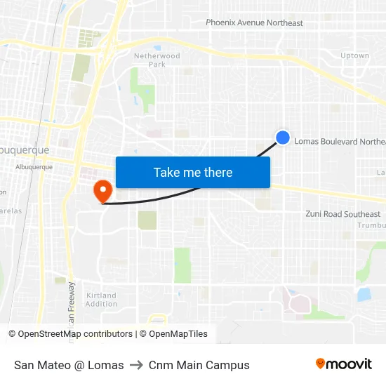 San Mateo @ Lomas to Cnm Main Campus map