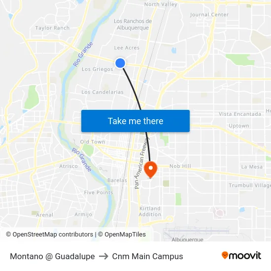 Montano @ Guadalupe to Cnm Main Campus map