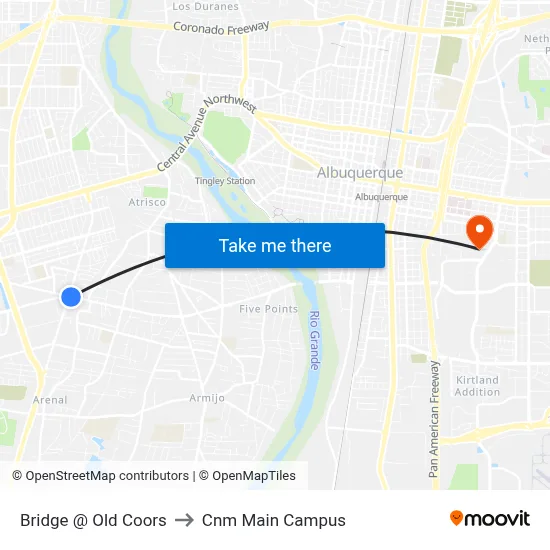 Bridge @ Old Coors to Cnm Main Campus map