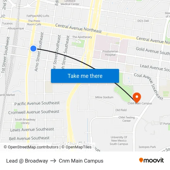 Lead @ Broadway to Cnm Main Campus map