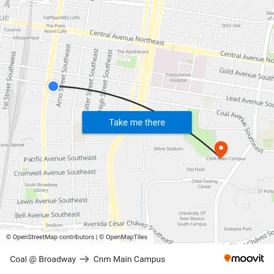 Coal @ Broadway to Cnm Main Campus map