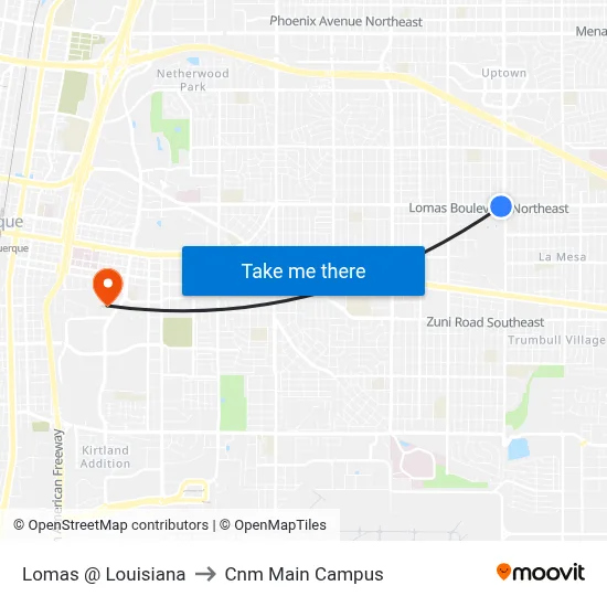 Lomas @ Louisiana to Cnm Main Campus map