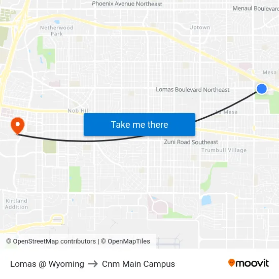 Lomas @ Wyoming to Cnm Main Campus map