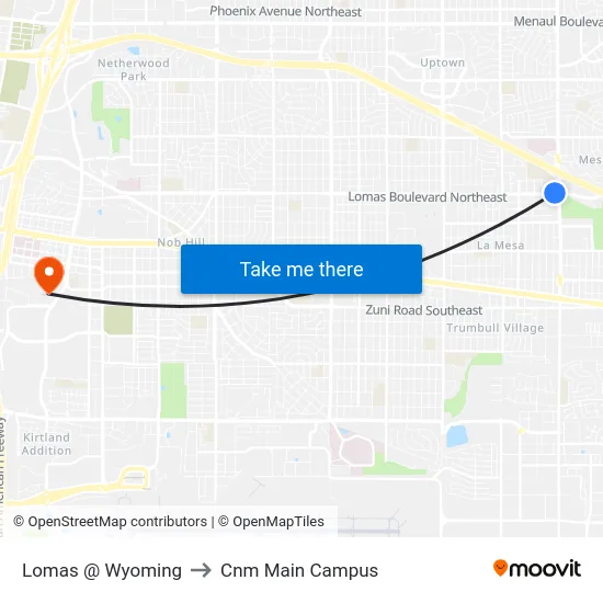 Lomas @ Wyoming to Cnm Main Campus map