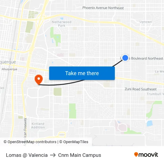 Lomas @ Valencia to Cnm Main Campus map