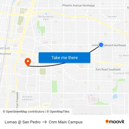 Lomas @ San Pedro to Cnm Main Campus map