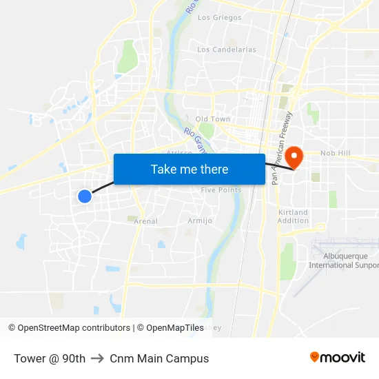 Tower @ 90th to Cnm Main Campus map