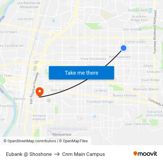 Eubank @ Shoshone to Cnm Main Campus map