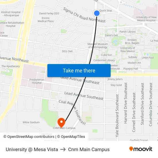 University @ Mesa Vista to Cnm Main Campus map