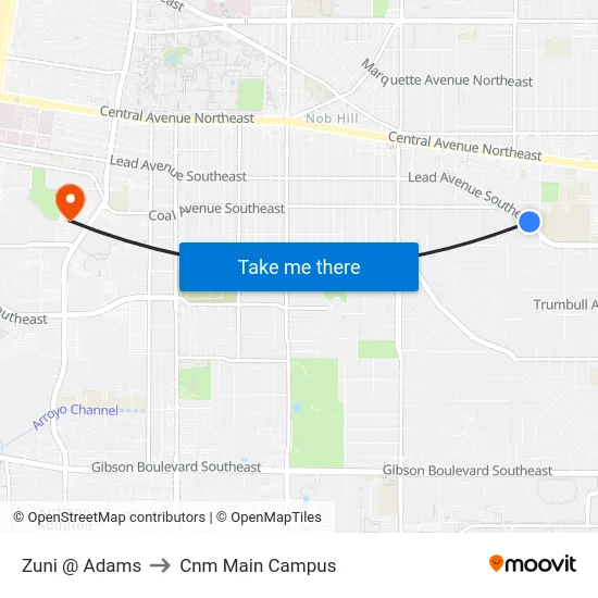 Zuni @ Adams to Cnm Main Campus map
