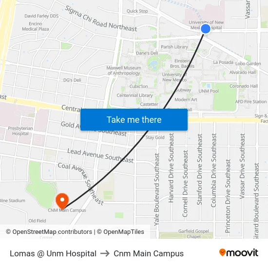 Lomas @ Unm Hospital to Cnm Main Campus map