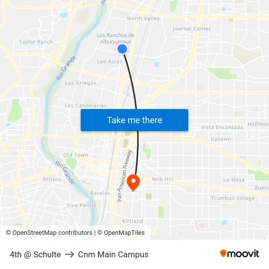 4th @ Schulte to Cnm Main Campus map