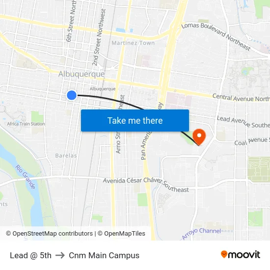 Lead @ 5th to Cnm Main Campus map
