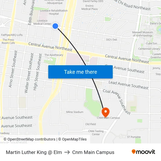 Martin Luther King @ Elm to Cnm Main Campus map