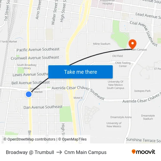 Broadway @ Trumbull to Cnm Main Campus map