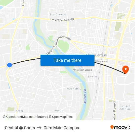 Central @ Coors to Cnm Main Campus map