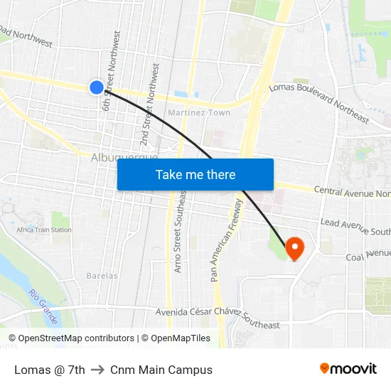Lomas @ 7th to Cnm Main Campus map