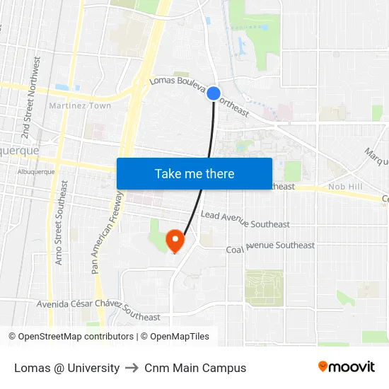 Lomas @ University to Cnm Main Campus map