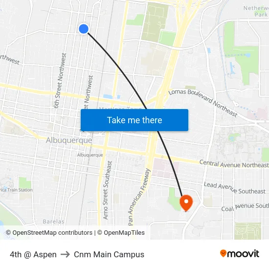4th @ Aspen to Cnm Main Campus map