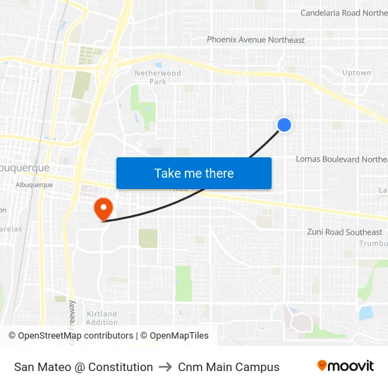 San Mateo @ Constitution to Cnm Main Campus map